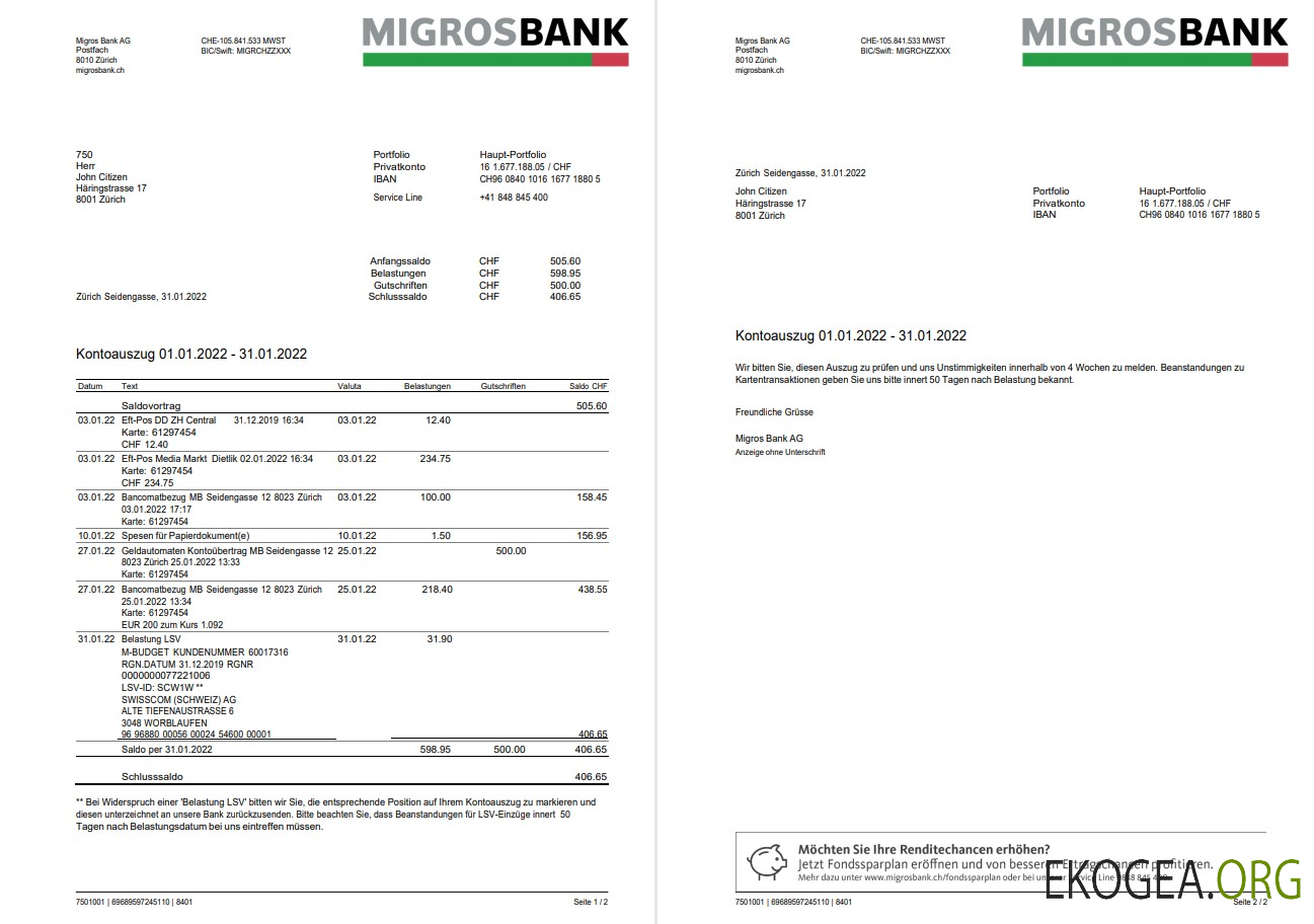 Relevé Suisse Migrosbank 2 pages